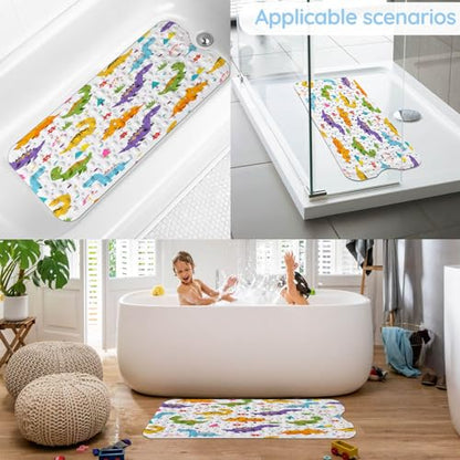 Bathtub Mats for Kids, Cartoon Dinosaur Bath Mat for Tub Non Slip, 40 X 16 Inch Large Washable Bathtub Mat Non Slip for Showers with Drain Holes and Suction Cups - color: Cartoon Dinosaur