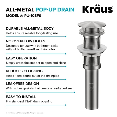 KRAUS Pop-Up Drain for Bathroom Sink Without Overflow in Spot-Free Stainless Steel, PU-10SFS - color: Spot Free Stainless Steel, size: 8 5/8 Inch