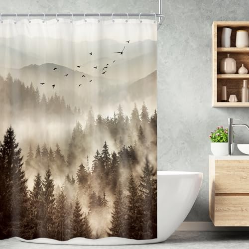 Foggy Mountain Rv Narrow Nature Scenery Bathroom Shower Curtain Set | 48"W x 72"L shower curtain， Tree Rustic: HD waterproof print, quick-dry cloth, free hooks for easy installation. - color: A-05brown, size: 48"W x 72"L (Pack of 1)