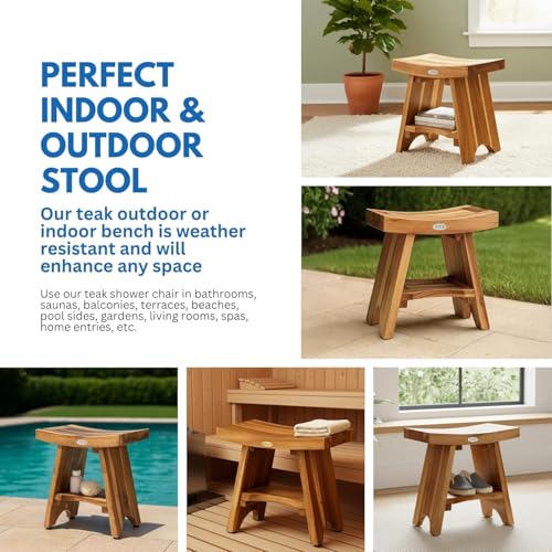 EcoDecors Teak Shower Bench 18", 300 lb Capacity – Waterproof Wood Bath Seat with Shelf, Spa Seating for Adults – Compact Fit for Small Bathrooms & Walk-in Showers – Slip-Resistant Feet - size: 18" shelf