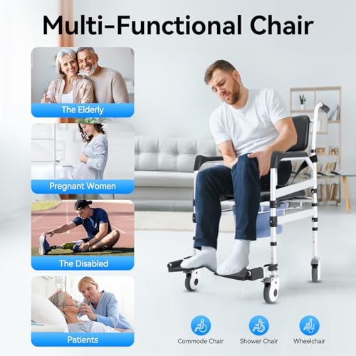 Shower Chair with Wheels, Rolling Commode Chair for Toilet with Arms, Adjustable Height Folding Bath Commodes for Inside Shower, Bedside Wheelchair Bathroom Chairs for Elderly Disabled Injured