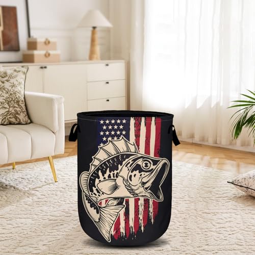 American Flag Bass Fish Laundry Basket, Laundry Hamper Collapsible Oxford Cloth with Handle Clothes Storage Bin for Bathroom Laundry Room Bedroom 15.7 X 20 Inch - color: American Flag Bass Fish