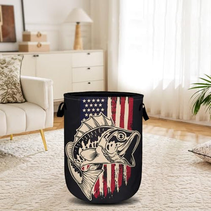 American Flag Bass Fish Laundry Basket, Laundry Hamper Collapsible Oxford Cloth with Handle Clothes Storage Bin for Bathroom Laundry Room Bedroom 15.7 X 20 Inch - color: American Flag Bass Fish