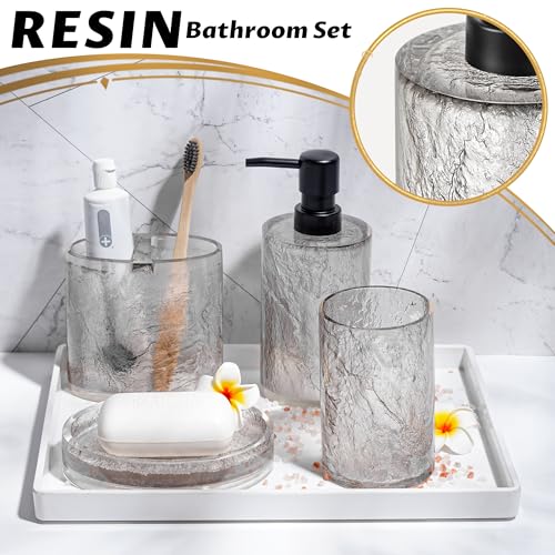 RQYIXI Resin 5-Piece Bath Accessories Set, Silver Crackle, Cotton Swab Jar | bathroom accessories set clear resin silver ice crackle texture shatterproof unbreakable modern countertop organization - size: 5pcs