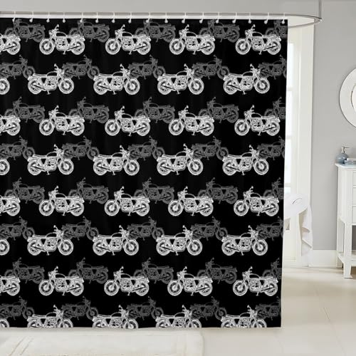 Dirt Bike Shower Curtain,80s Vintage Motorcycle Hand Draw Bath Curtain for Kids Boys,Black White Cool Motorcross Waterproof Fabric Curtain with 12 Hooks Suit, 72Wx72L inch - color: Multi 12, size: 72"W x 72"L (Pack of 1)