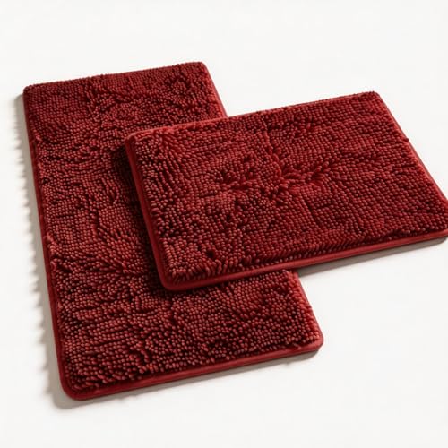 RUN HELIX Bathroom Rugs Sets 2 Piece, Luxury Shaggy Extra Thick Bathroom Rugs, Plush Non-Slip Mats for Bath Room Floor, Machine Wash, Ultra Absorbent, 32 x 20 + 24 x 16 Inches, Burgundy - color: Burgundy