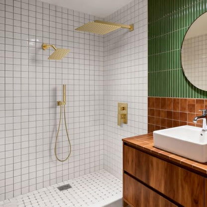 Rain Shower System 12" & 6" Dual Shower Heads, Wall Mount Shower Faucet Set | Ideal for bathroom remodels and upgrades with 12" rain shower, 6" angled shower, handheld spray and complete valve kit. - color: Brushed Gold, size: Wall Mounted - 12"+6" Shower