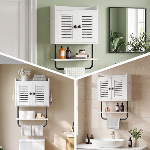 HOOBRO Medicine Cabinet, Double Doors Bathroom Wall Cabinet with Towel Bar, Adjustable Shelf, 2 Hooks, Over The Toilet Storage Cabinet, for Bedroom, Kitchen, White BW46CW01 - color: White + Black