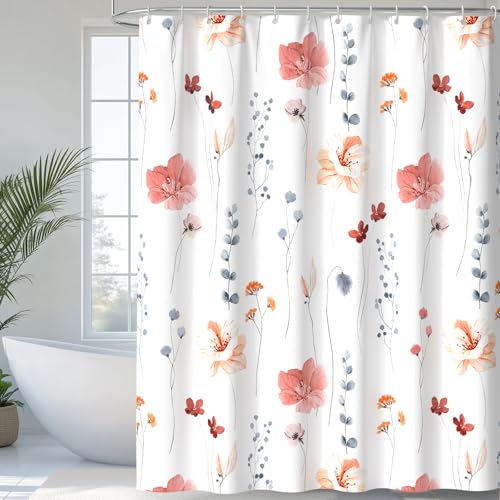 QiyI Watercolor Floral Shower Curtain, Flowers Print Minimalist Bathroom Curtain, Machine Washable Spring Modern Shower Curtains, Waterproof Fabric Shower Curtain Set with Hooks, 72 x 72, Pink - color: Pink, size: 72"W x 72"L (Pack of 1)