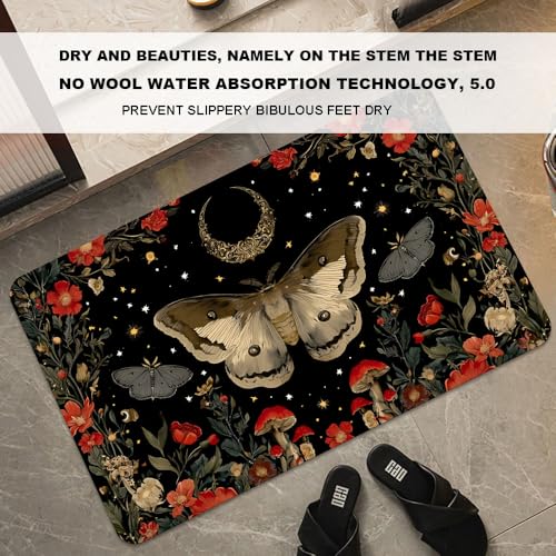 Bath Mat-Bathroom Rug，Moth Moon Mushrooms Flowers Non Slip Quick Dry Stain Resistant Easy to Clean Care Shower Rug for Bathtub Shower Room 17×27.5Inch (43 * 70cm) - color: Moth Moon Mushrooms Flowers, size: 17 x 27.5 inches