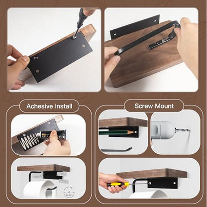 Toilet Paper Holder with Walnut Wood Shelf – Adhesive or Wall Mounted Bathroom Storage Organizer, Rustic Modern Wood and Metal Roll Rack for Small Spaces, RV, Guest Toilet