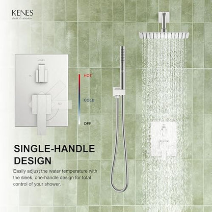 KENES Brushed Nickel Square Rain Shower System Faucet Set with Handheld | Shower Faucet with 10-Inch Rain Shower Head, Square Shower System, Valve Included, Lead-Free cUPC & NSF Certified, Stainless - color: Brushed Nickel, style: Showerhead and Handheld