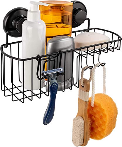 HASKO Shower Caddy Suction Cup, Shower Shelf with Soap Dish and Hooks Organizer, Suction Bathroom Shelf for Storage, Wall Mounted Basket, Black - color: Black (1 Pack)
