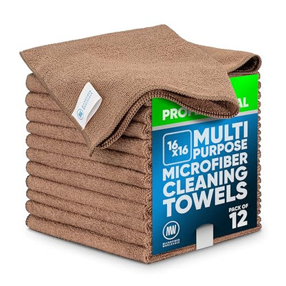 MW Pro Microfiber Cleaning Cloth | Tan | 12 Pack | 16” x 16” | All Purpose Microfiber Towels - Clean, Dust, Polish, Scrub, Absorbent - color: Tan