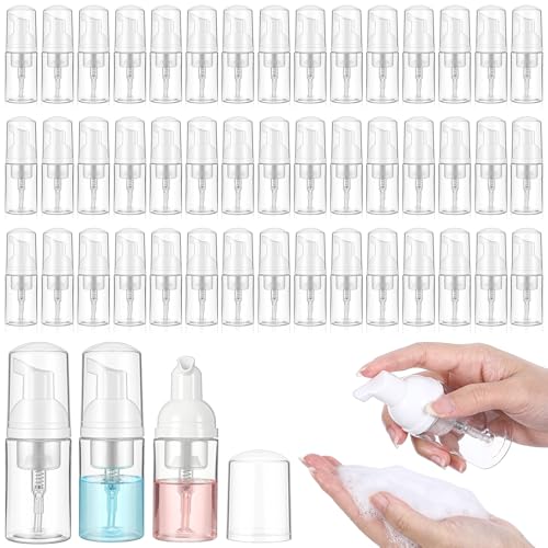 50Pcs Foam Pump Bottle 1oz Refillable Dispenser Bulk Travel Size Plastic Mini Empty Foaming Bottles 1 oz Portable Clear Foaming Pump Bottle for Lash Shampoo, Cleaning, Cosmetics (30ml)