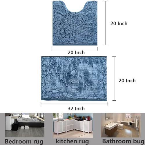 Bathroom Rugs Chenille, Extra Thick and Absorbent, Non-Slip, Machine Washable, Dry Quckily, Soft Cozy Plush, Used Under Shower Bathtub and Sink, Bath mat Sets Fog Blue - color: Denim Blue, size: 20 x 32 inch + 20 x 20 inch (U-Shape)