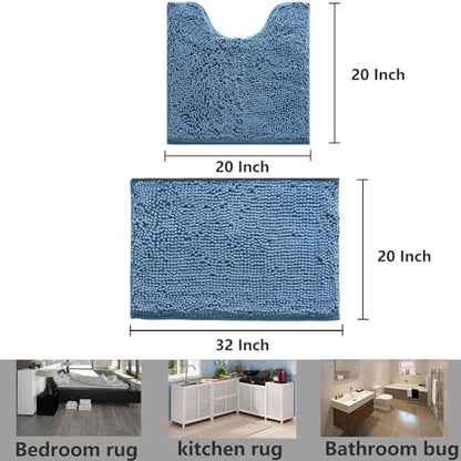 Bathroom Rugs Chenille, Extra Thick and Absorbent, Non-Slip, Machine Washable, Dry Quckily, Soft Cozy Plush, Used Under Shower Bathtub and Sink, Bath mat Sets Fog Blue - color: Denim Blue, size: 20 x 32 inch + 20 x 20 inch (U-Shape)