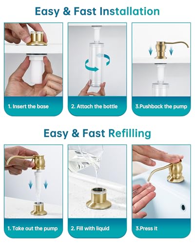 Built in Deck Mount Liquid Lotion Kitchen Countertop Metal Soap Dispenser, Brushed Gold Brass Dispenser Pump with 500ml (17oz) High Capacity Bottle - color: Brushed Gold, size: Without Hose