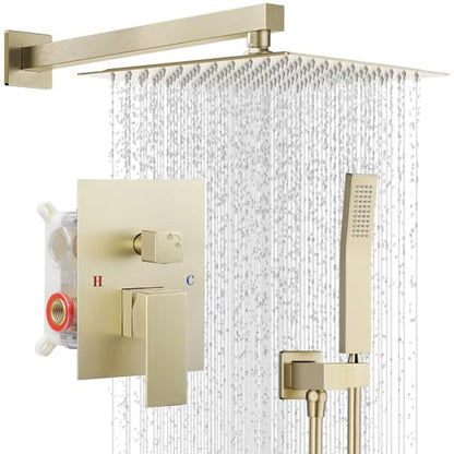 10" Square Rain Shower Faucet Set, Wall Mount, Brush Gold | 304 SS , air tech boosts pressure 50%, dual spray, anti-fingerprint - color: Brush Gold, style: 10''-Wall Mount