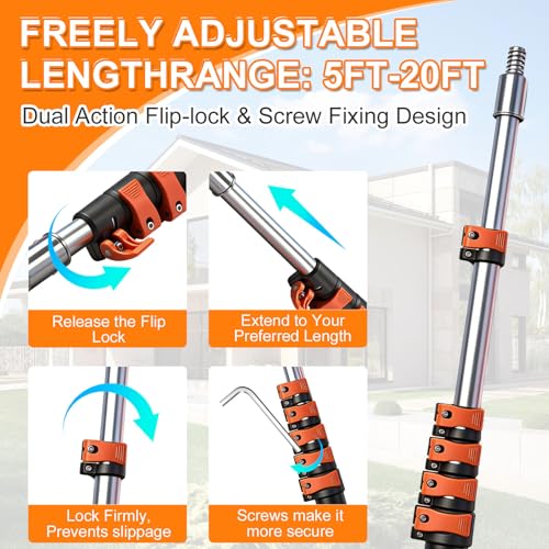 30FT High Window Cleaning Kit, 5-24 FT Telescoping Extension Pole with Dual Action Flip-Lock & Screw Fixing Design, 2-in-1 Window Squeegee, Professional Long Handle Washing Tool for High Windows - size: 5-24FT