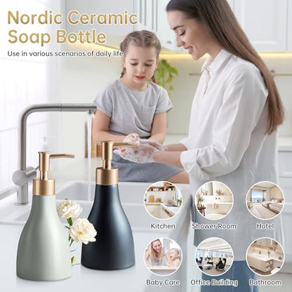 Gold Dispenser Bottle for Bathroom Countertop, Ceramic Black Dish Soap Dispenser for Kitchen Sink Soap Pump Lotion, Modern Hand Soap Dispenser with Gold Pump for Liquid Laundry Shower 280ml - color: Black