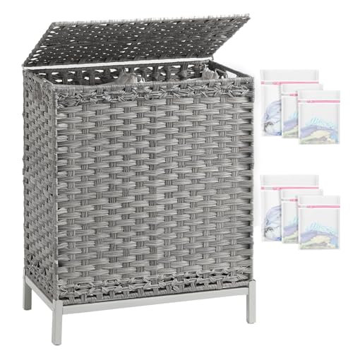 SETVSON Laundry Hamper with Lid, 112 L Handwoven PE Rattan Wicker, Gray | 2-Section Large Basket, 2 Removable Liner Bags, Heightened Metal Feet, 6 Mesh Laundry Bags, Foldable Side Handles - color: Gray, size: 112 L - 29.6 gal
