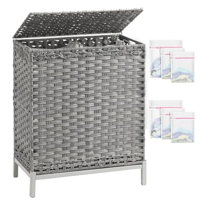SETVSON Laundry Hamper with Lid, 112 L Handwoven PE Rattan Wicker, Gray | 2-Section Large Basket, 2 Removable Liner Bags, Heightened Metal Feet, 6 Mesh Laundry Bags, Foldable Side Handles - color: Gray, size: 112 L - 29.6 gal
