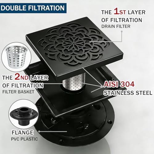 6 Inch Shower Drain, Square Shower Floor Drain Kit with Flange and Removable Cover Grate, AISI 304 Stainless Steel, Matte Black - color: Matte Black, size: 6 inches