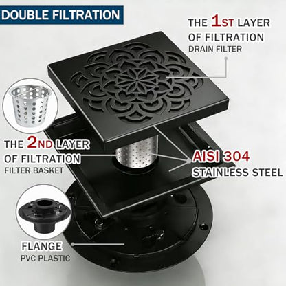 6 Inch Shower Drain, Square Shower Floor Drain Kit with Flange and Removable Cover Grate, AISI 304 Stainless Steel, Matte Black - color: Matte Black, size: 6 inches
