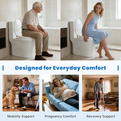 Raised Toilet Seat with Bidet for Seniors, 3" Height, Heavy Duty Slow Close Elevated Toilet Seat with Never Loosen Hinges, Fits Most Elongated Toilets, No Electric Cold Water Only (White 18.5")