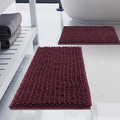 Luxury Chenille Burgundy Bathroom Rugs Sets 2 Piece, Thickened Hot Melt Rubber Bottom Bath Mats for Bathroom Non Slip,Bath Rugs Quick Dry Machine Washable for Shower Mat (32"x20"+17"x24") - color: Burgundy, size: 32" x 20" Plus 17" x 24"