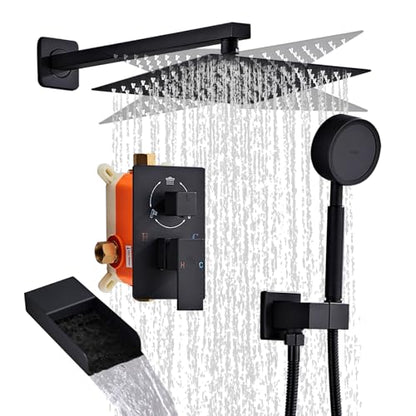 Matte Black Shower Tub Faucet Set, Wall Mounted 8 Inch Shower Heads with Handheld Spray Combo and Tub Shower Faucet, Luxury Bathroom Square Rain Shower System - 4 Hooks - color: Matte Black, style: 8 Inch with Tub Spout