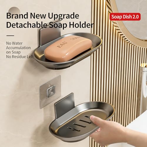 No Drilling Soap Dish for Shower, Self Draining Soap Bar Holder with Removable Drip Tray, Wall Mounted Rustproof Soap Saver for Bathroom, Kitchen, Toilet