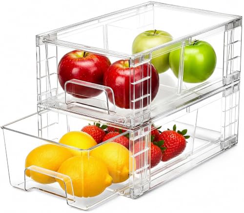 2 Pack Stackable Storage Drawers,Plastic Organizers Bins, Drawers Storage with Handles and Movable Dividers for Organization and Storage in Fridge,Bathroom, Pantry, Kitchen Cabinets, Under Sink - size: 2Pack 4.4"H-with Dividers