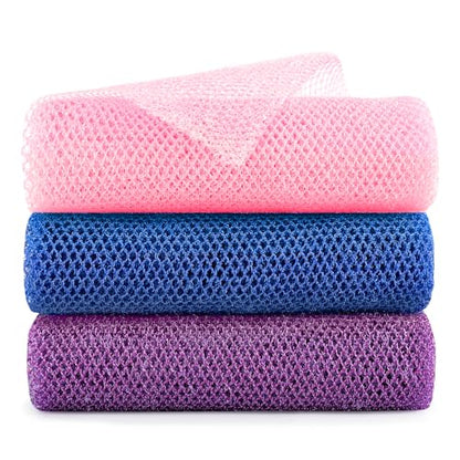 Extra-Long African Net Sponge 3Pk Multi-Color Exfoliating Scrub | Fast Drying African Bath Net, Gentle Exfoliating Scrub for Full Body & Back Spa Shower - color: Blue,pink, Purple