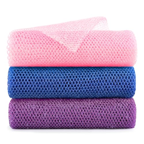 Extra-Long African Net Sponge 3Pk Multi-Color Exfoliating Scrub | Fast Drying African Bath Net, Gentle Exfoliating Scrub for Full Body & Back Spa Shower - color: Blue,pink, Purple