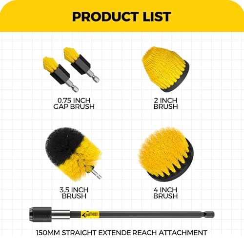 Holikme 6 Pack Drill Brush Attachment Set, Extended All Purpose Cleaning | Includes Extended Long Attachment & Crevice Corner Brushes. For Bathroom, Grout, Floor, Tub, Shower, Tile, Kitchen, Car