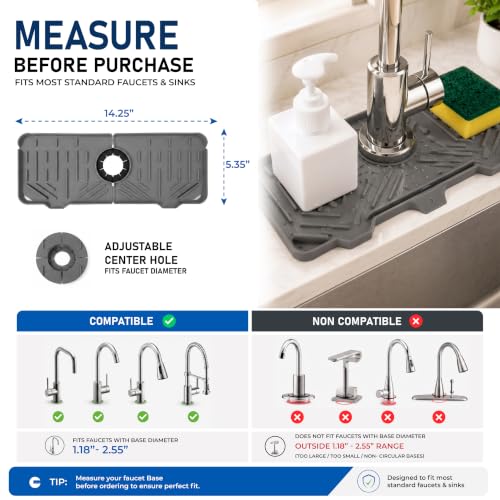 Sink Splash Guard [2-Pack, Grey] - 14.6" Silicone Faucet Mat for Kitchen Sink, Drip Catcher & Countertop Protector | Foldable Kitchen Sink Faucet Mat, Water Drainage Pad for Bathroom & RV