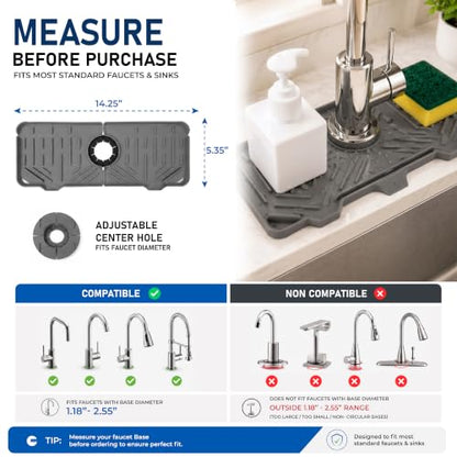 Sink Splash Guard [2-Pack, Grey] - 14.6" Silicone Faucet Mat for Kitchen Sink, Drip Catcher & Countertop Protector | Foldable Kitchen Sink Faucet Mat, Water Drainage Pad for Bathroom & RV