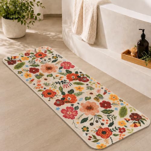Floral Bathroom Rugs Large Long Bath Mat, Washable Bathroom Runner Rug Non Slip, Cute Flower Rug for Bathtub Floor - color: Beige, size: 1'5" x 3'11" (Runner)