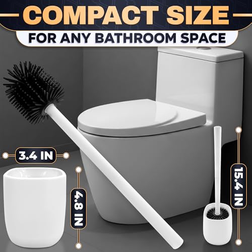 Toilet Bowl Brush and Holder, Silicone and Plastic (White) | Compact Toilet Brush, Easy to Place and Simple to Store After Use, Strong Rubber Plunger & Stiff Bristle Brush - color: White
