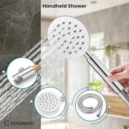 gotonovo High Pressure Shower System Valve and Trim Kit,Polish Chrome | Round Rain 10 Inch Shower Head with Handheld Faucet Set Complete,Rough In Valve,2-in-1 Diverter,All Metal,Bathroom Wall Mount - color: Chrome