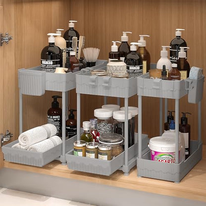 3 Pack Under Sink Organizers, 2-Tier Multi-Use Kitchen and Bathroom Organizers and Storage with Sliding Drawers, Bathroom Cabinet Organizer (Gray, 14.8 Inch) | Multi-use kitchen & bathroom storage, 14.8 inch gray cabinet organizer, space-saving sliding dr