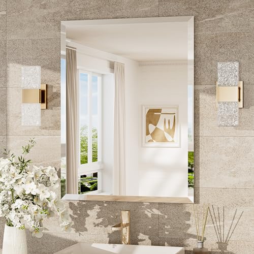 24x32 Beveled Bathroom Mirror Frameless, Tempered Rectangle Bathroom Vanity Mirror Beveled with 1" Beveled Edge, Shatterproof Farmhouse Wall Mirrored for Living Room, Entryway, Restroom - size: 32"L x 24"W, style: Beveled