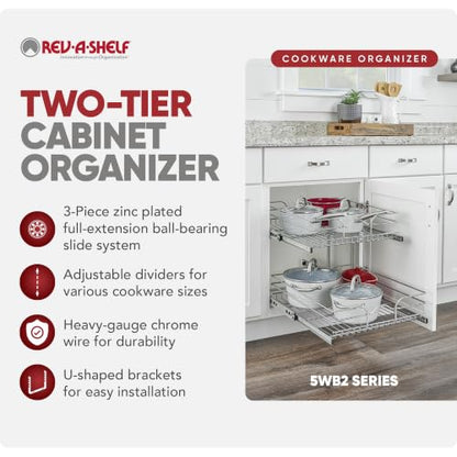 Rev-A-Shelf 2-Tier Pullout Shelf and Drawer Organizer for Kitchen Cabinets, Slide Out Storage Basket, Min Opening Width of 20.5", 21" x 22", 5WB2-2122CR-1 - size: 21" W x 22"D, style: Two Tier
