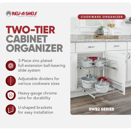Rev-A-Shelf Pullout Organizer for Cabinets, Min Opening Width of 18" | STwo-Tier Steel Shelf for Kitchen or Vanity Cabinet Organization, Heavy Gauge Wire Slide Out Storage Basket, 5WB2-1822CR-1 - size: 18" W x 22"D, style: Two Tier