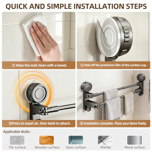 Adjustable Suction Cup Towel Bar, Grey, 20-34", 2-Tier | Extendable Carbon Steel Towel Racks, Space Saving, Bath Towel Holder with Hooks, No-Drill Mounted, For Bathroom Wall