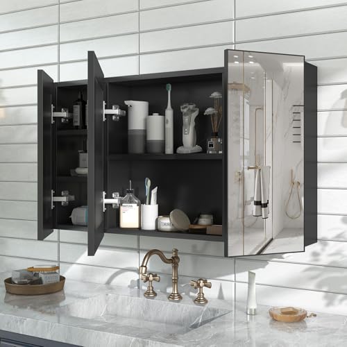 40 x 24 Black Medicine Cabinet, Aluminum Mirror Medicine Cabinet for Bathroom, Pre-Assembled Recessed/Surface-Mounted Medicine Cabinet, Tempered Frameless Mirror - color: Black, size: 40 x 24