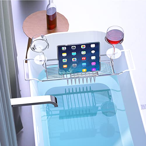 Bathtub Tray Caddy,Expandable Bathtub Shower Caddy,Adjustable Organizer Tray for Bathroom,Luxury Bath Caddy Tub Table, Bathtub Accessories & Bathroom Gadgets 304 Stainless Steel Holder (Silver1)