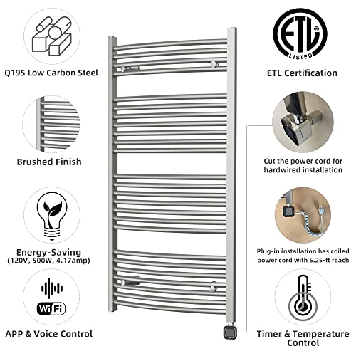 Smart Towel Warmer with Timer and Temperature Control, Plug-in/Hardwired Towel Rack Heater Compatible with Alexa and Google Home, Large Liquid Filled Smart Towel Heated Rails, Brushed